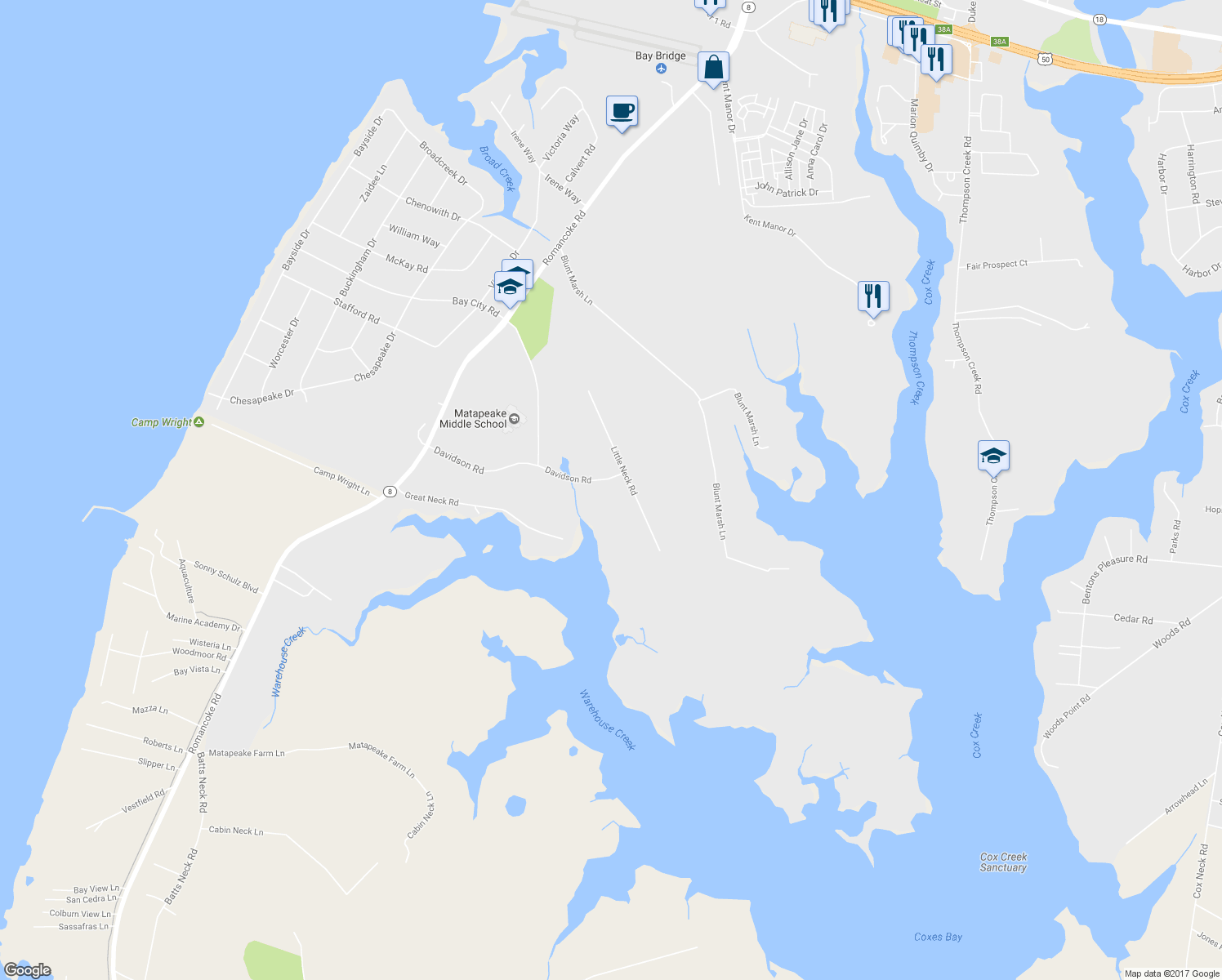 map of restaurants, bars, coffee shops, grocery stores, and more near 114 Little Neck Road in Stevensville