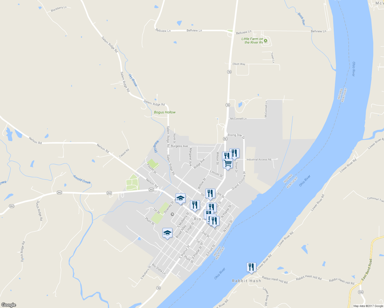 map of restaurants, bars, coffee shops, grocery stores, and more near 806 Margaret Avenue in Rising Sun