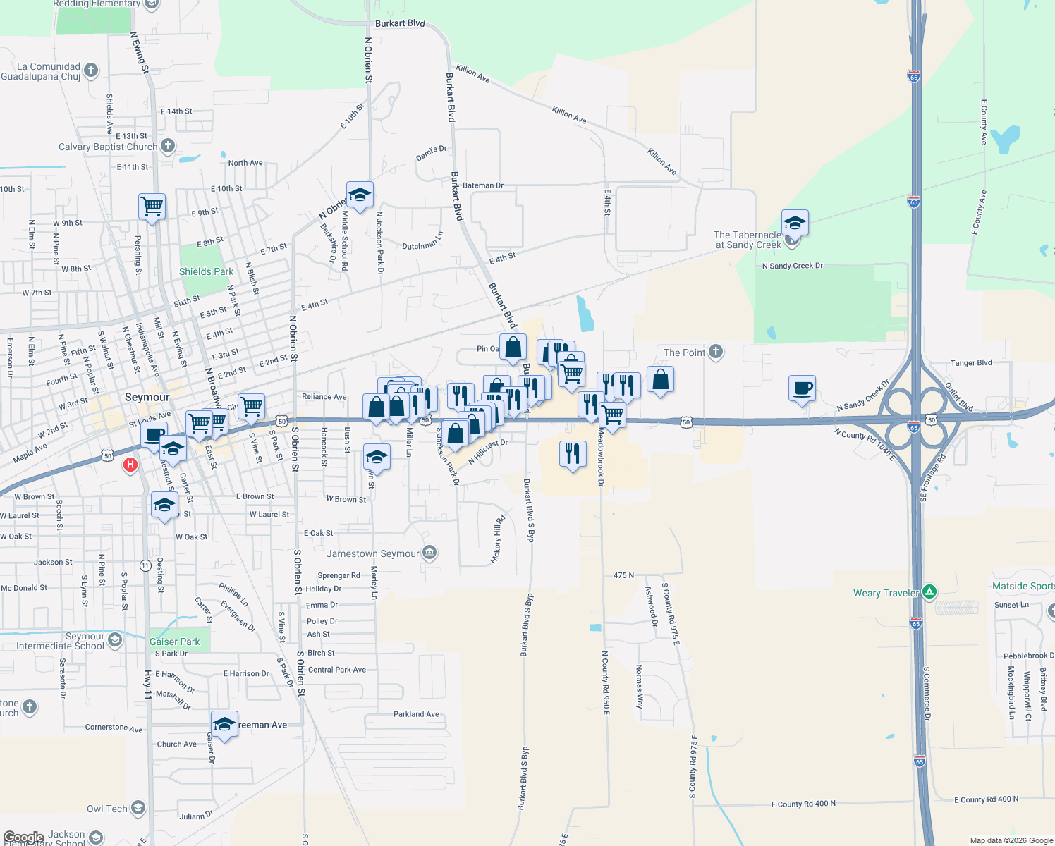 map of restaurants, bars, coffee shops, grocery stores, and more near 100 South 4th Street Road in Seymour
