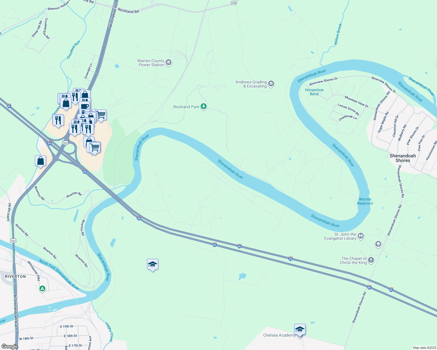 map of restaurants, bars, coffee shops, grocery stores, and more near 139 Harris Drive in Front Royal