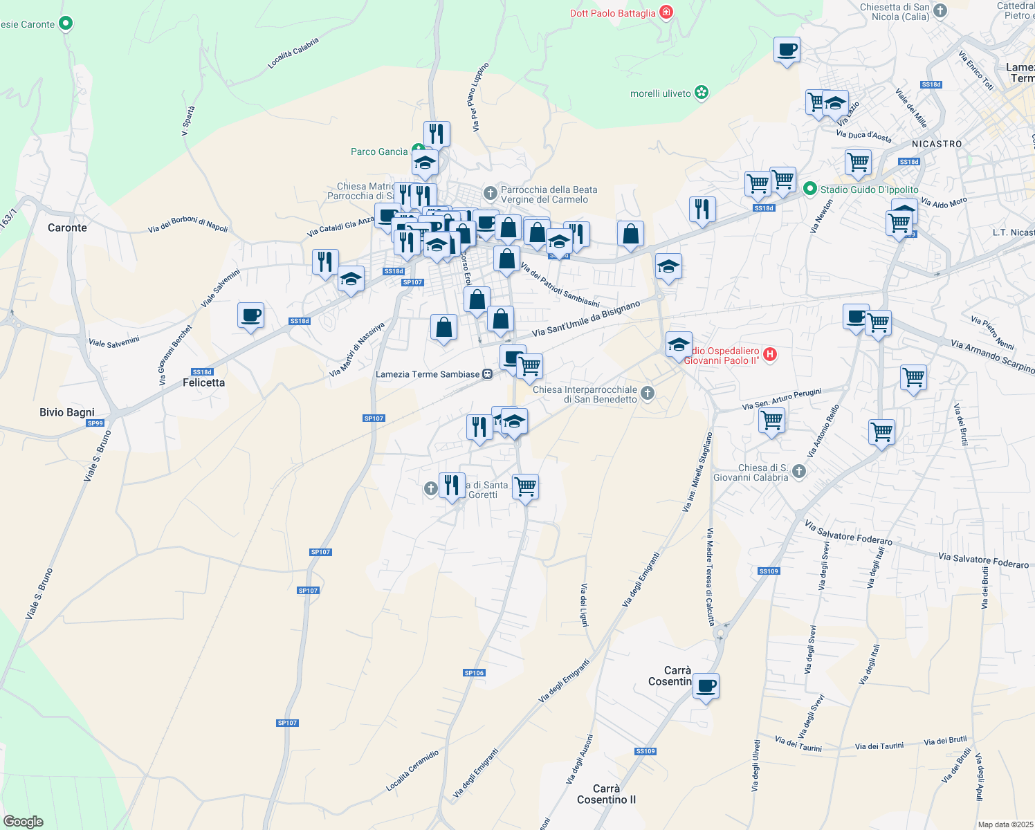 map of restaurants, bars, coffee shops, grocery stores, and more near 27 Strada Provinciale Savutano in Lamezia Terme