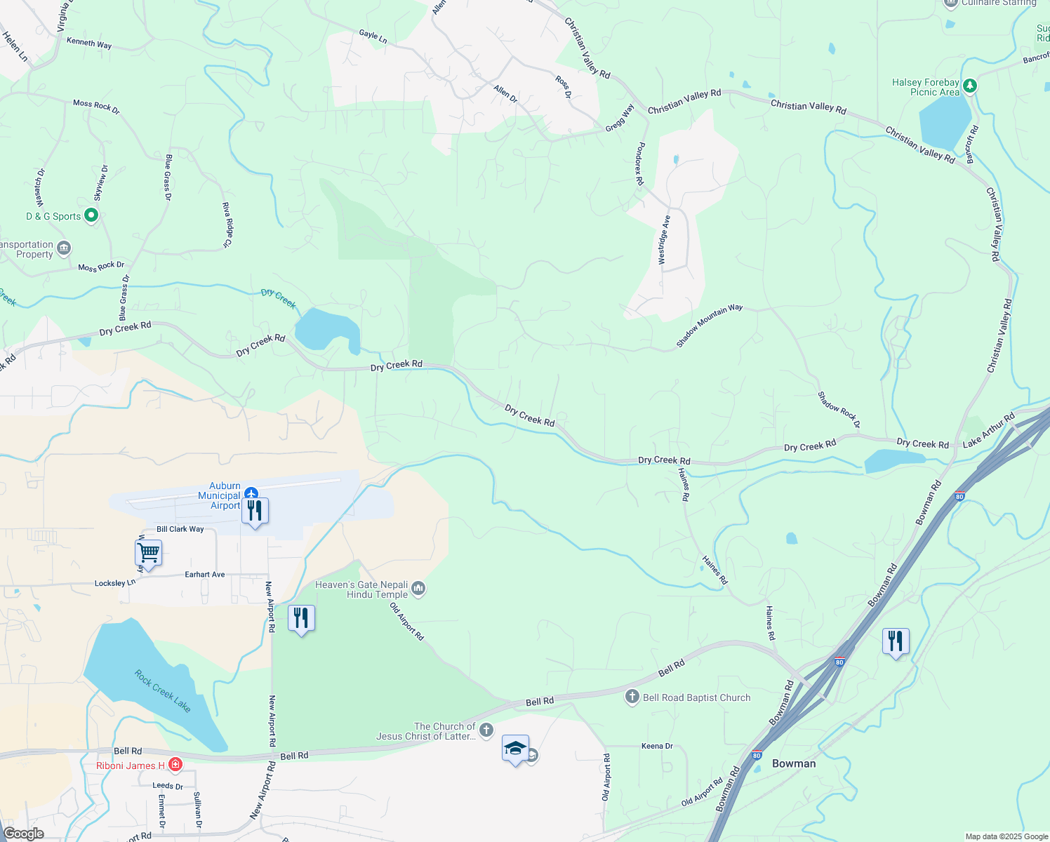 map of restaurants, bars, coffee shops, grocery stores, and more near 13930 Dry Creek Road in Auburn