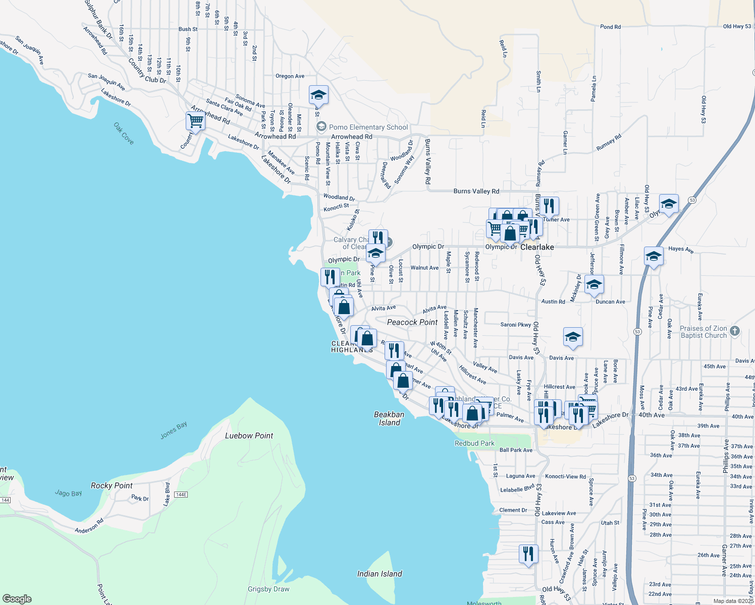 map of restaurants, bars, coffee shops, grocery stores, and more near 14260 Alvita Avenue in Clearlake