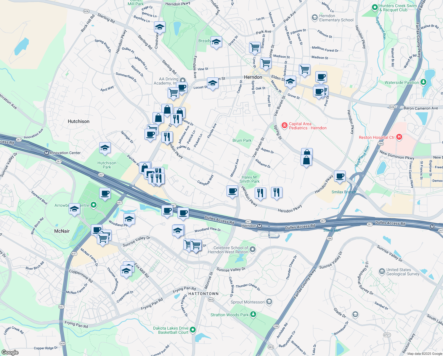 map of restaurants, bars, coffee shops, grocery stores, and more near 657 Herndon Parkway in Herndon