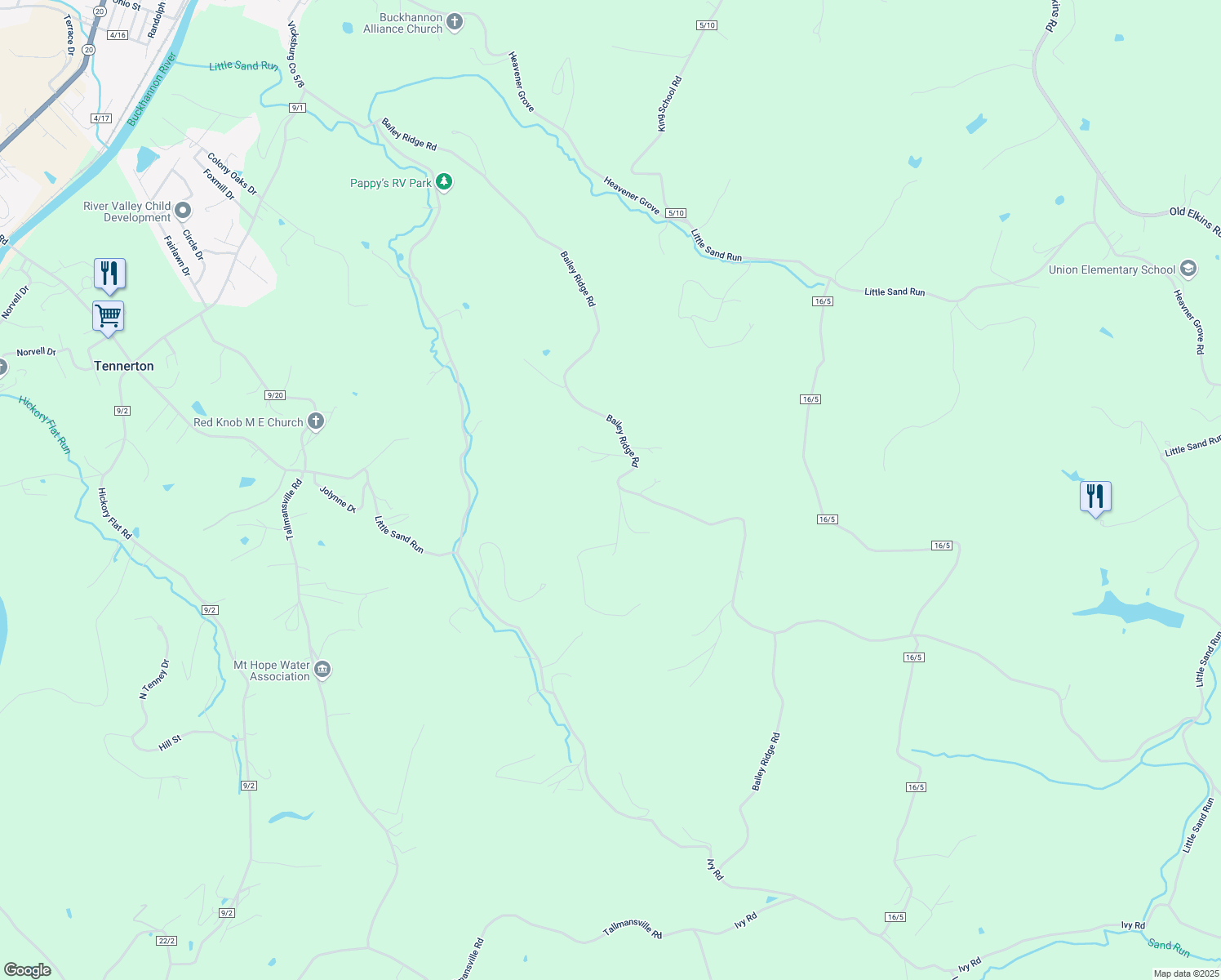 map of restaurants, bars, coffee shops, grocery stores, and more near Cherry Hill Estates in Buckhannon