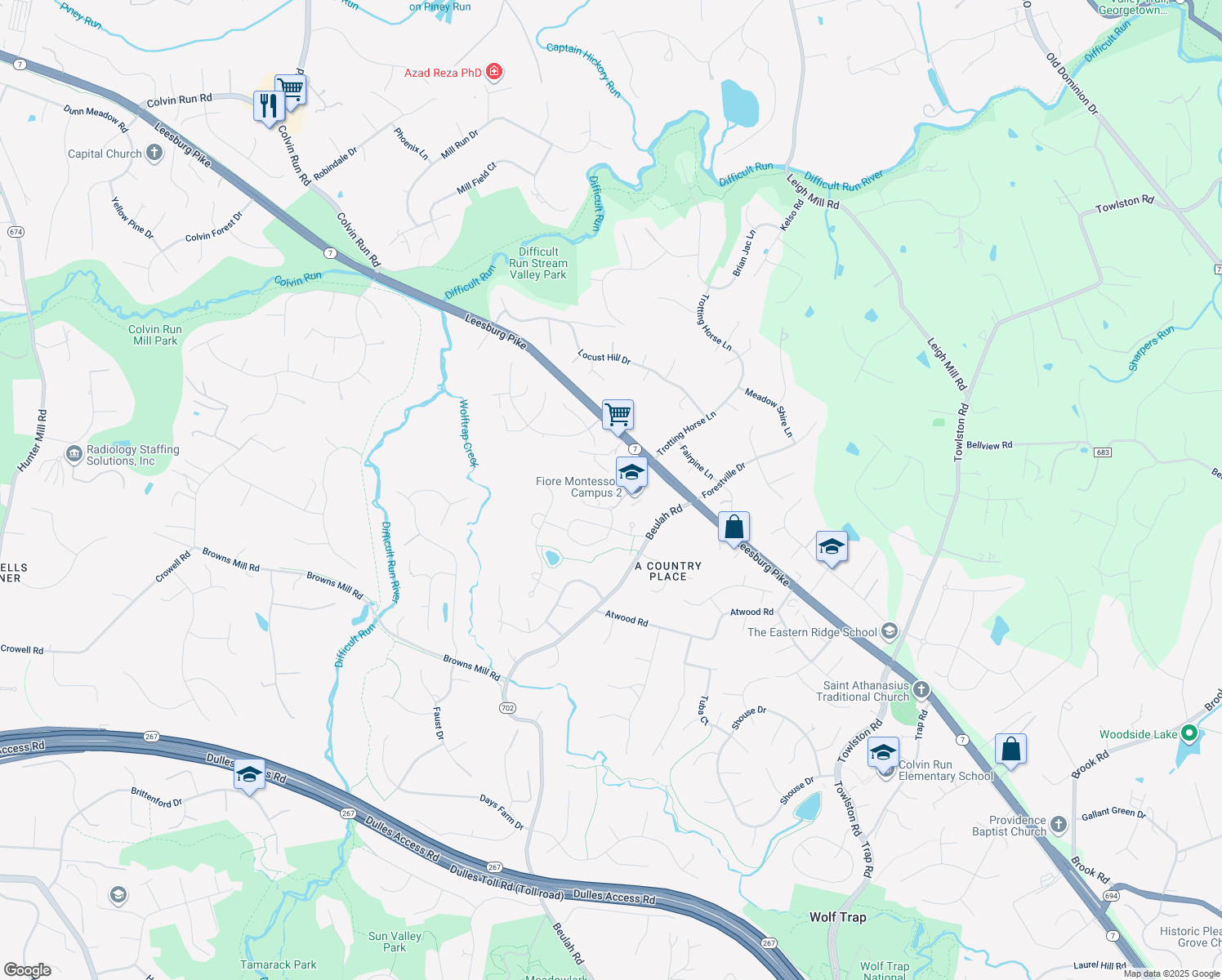 map of restaurants, bars, coffee shops, grocery stores, and more near 9670 Farmside Place in Vienna
