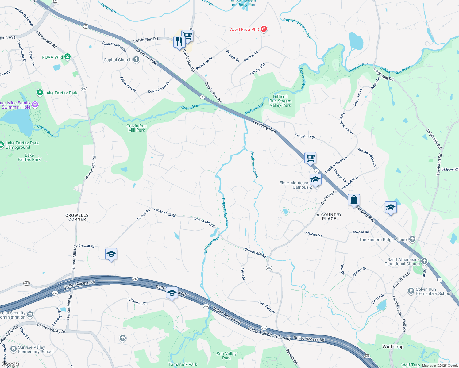 map of restaurants, bars, coffee shops, grocery stores, and more near 1405 Rosewood Hill Drive in Vienna