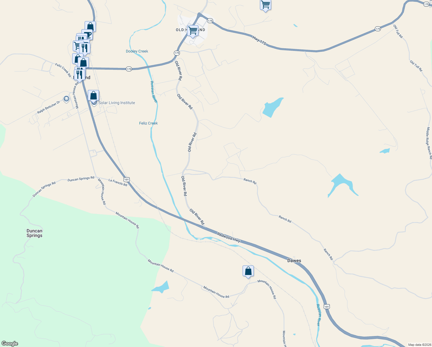 map of restaurants, bars, coffee shops, grocery stores, and more near 14495 Old River Road in Hopland