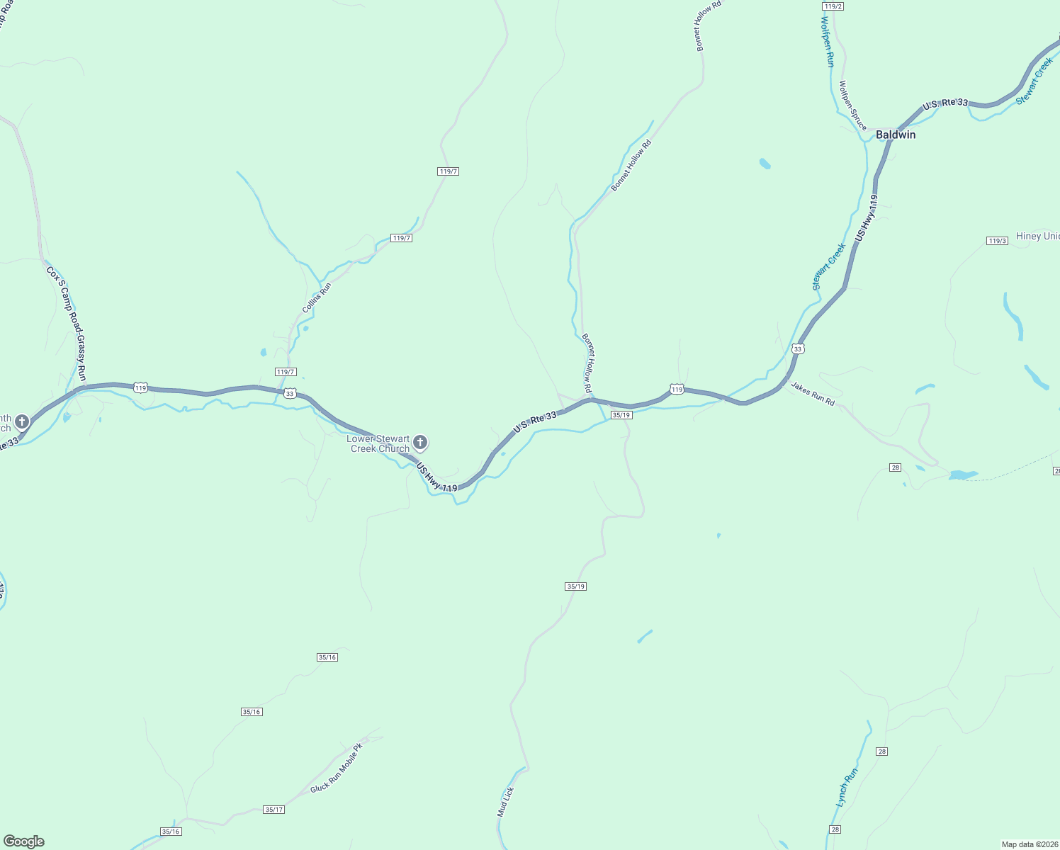 map of restaurants, bars, coffee shops, grocery stores, and more near 4590 U.S. 33 in Glenville