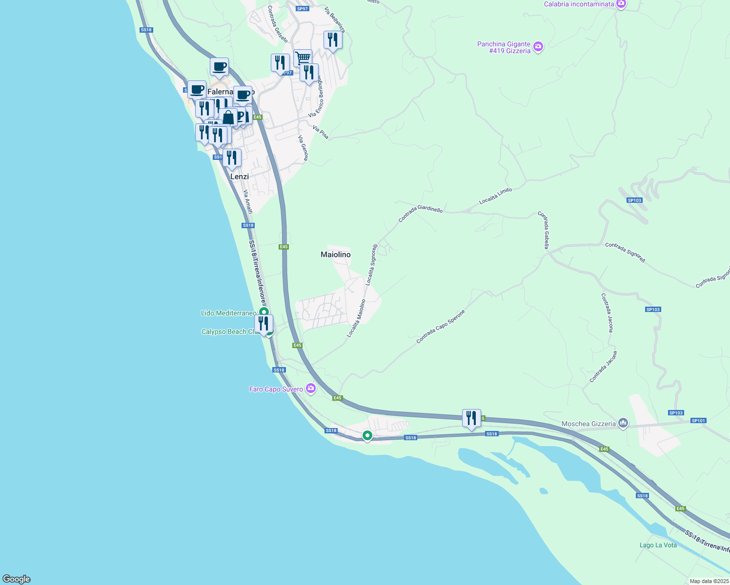 map of restaurants, bars, coffee shops, grocery stores, and more near 15 Contrada Maiolino in Provincia di Catanzaro
