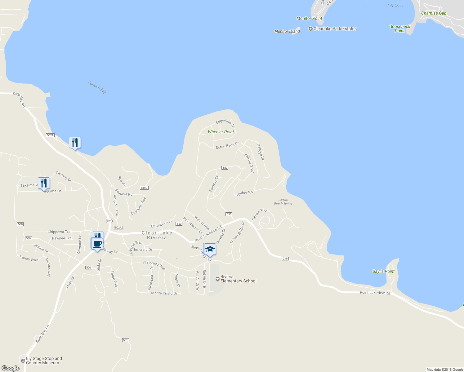 map of restaurants, bars, coffee shops, grocery stores, and more near 4635 Hawaina Way in Kelseyville