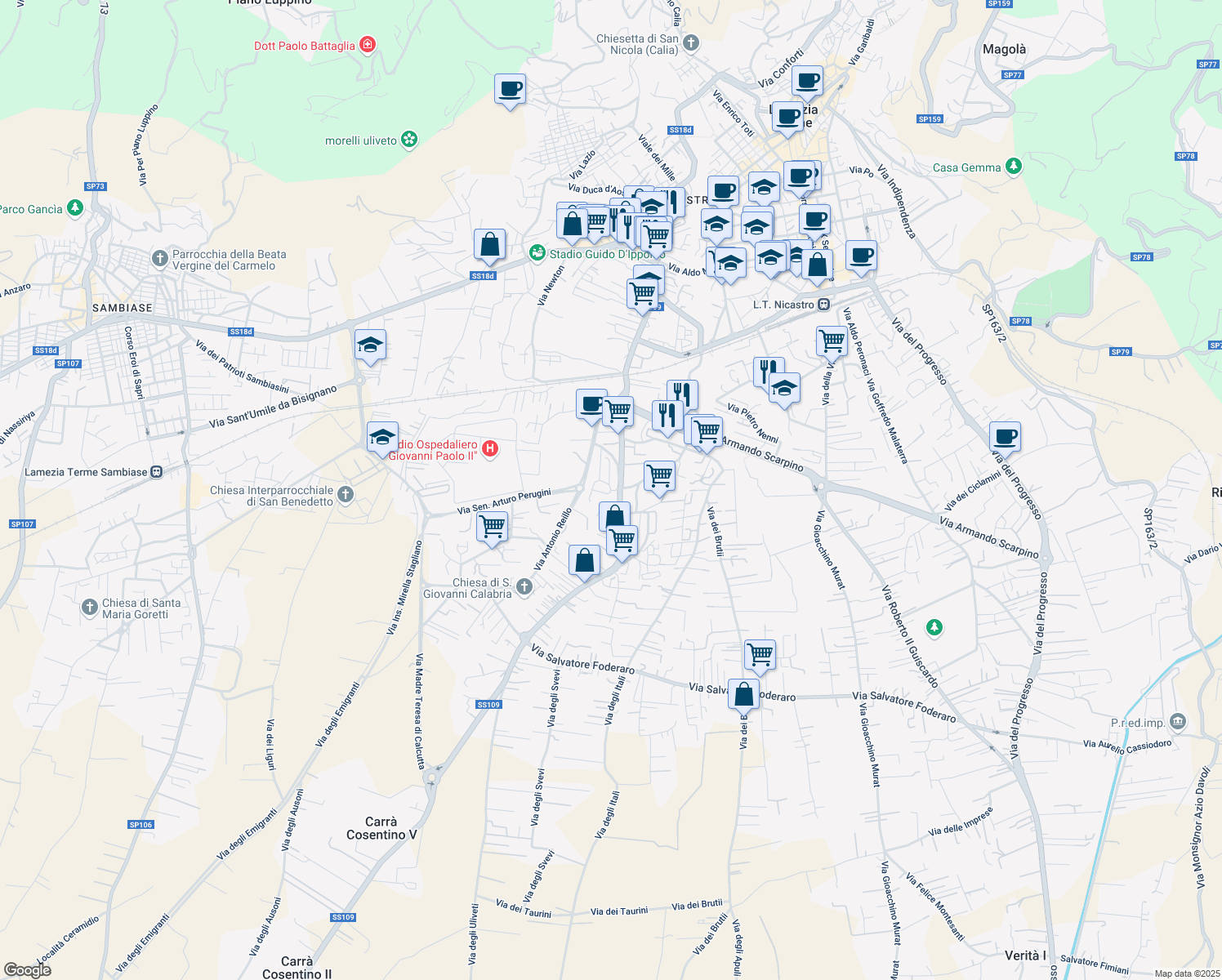 map of restaurants, bars, coffee shops, grocery stores, and more near 37B Via dei Bizantini in Lamezia Terme