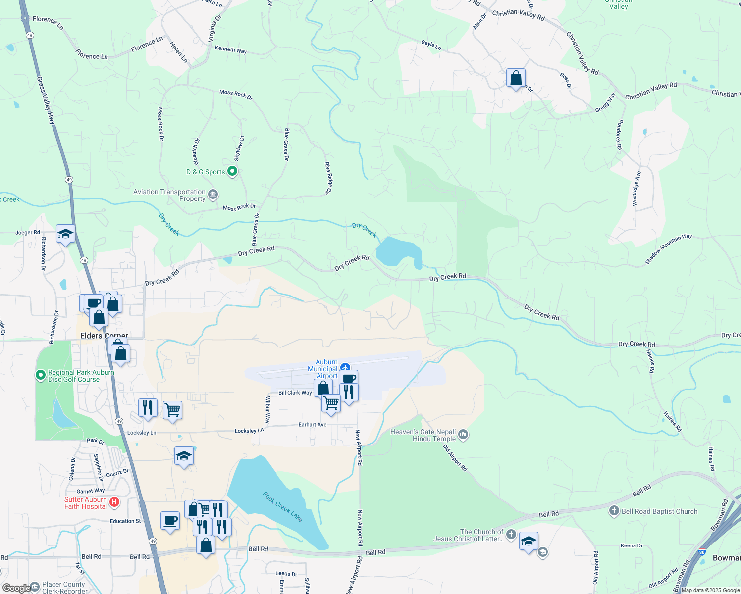 map of restaurants, bars, coffee shops, grocery stores, and more near 13310 Dry Creek Road in Auburn