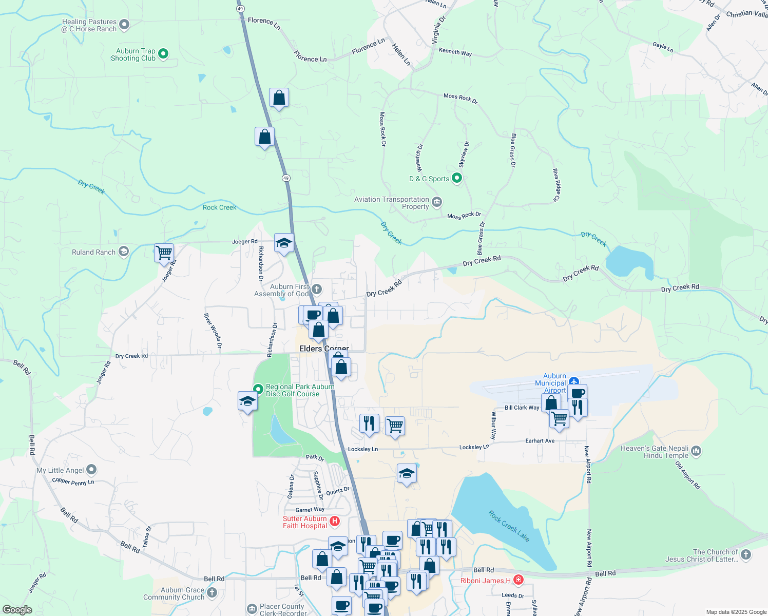 map of restaurants, bars, coffee shops, grocery stores, and more near 3905 Creekside Place in Auburn