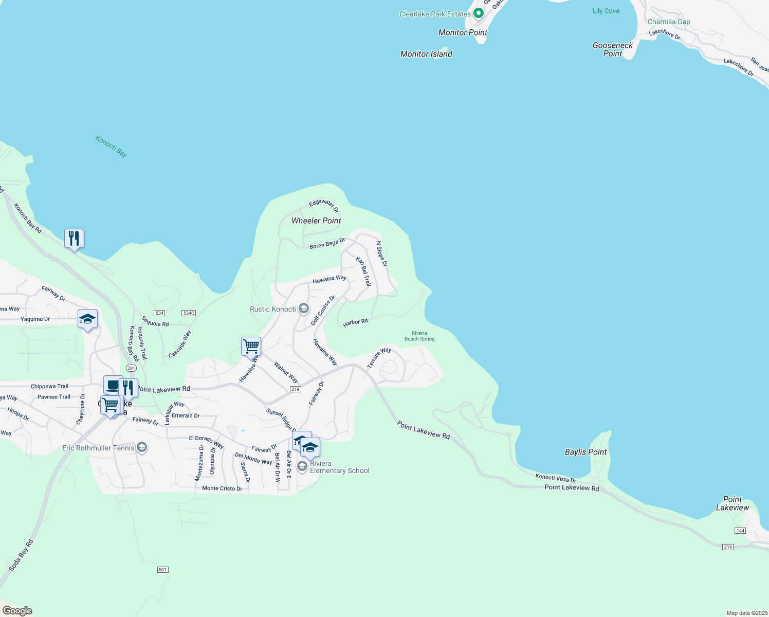 map of restaurants, bars, coffee shops, grocery stores, and more near 10842 Harbor Road in Kelseyville