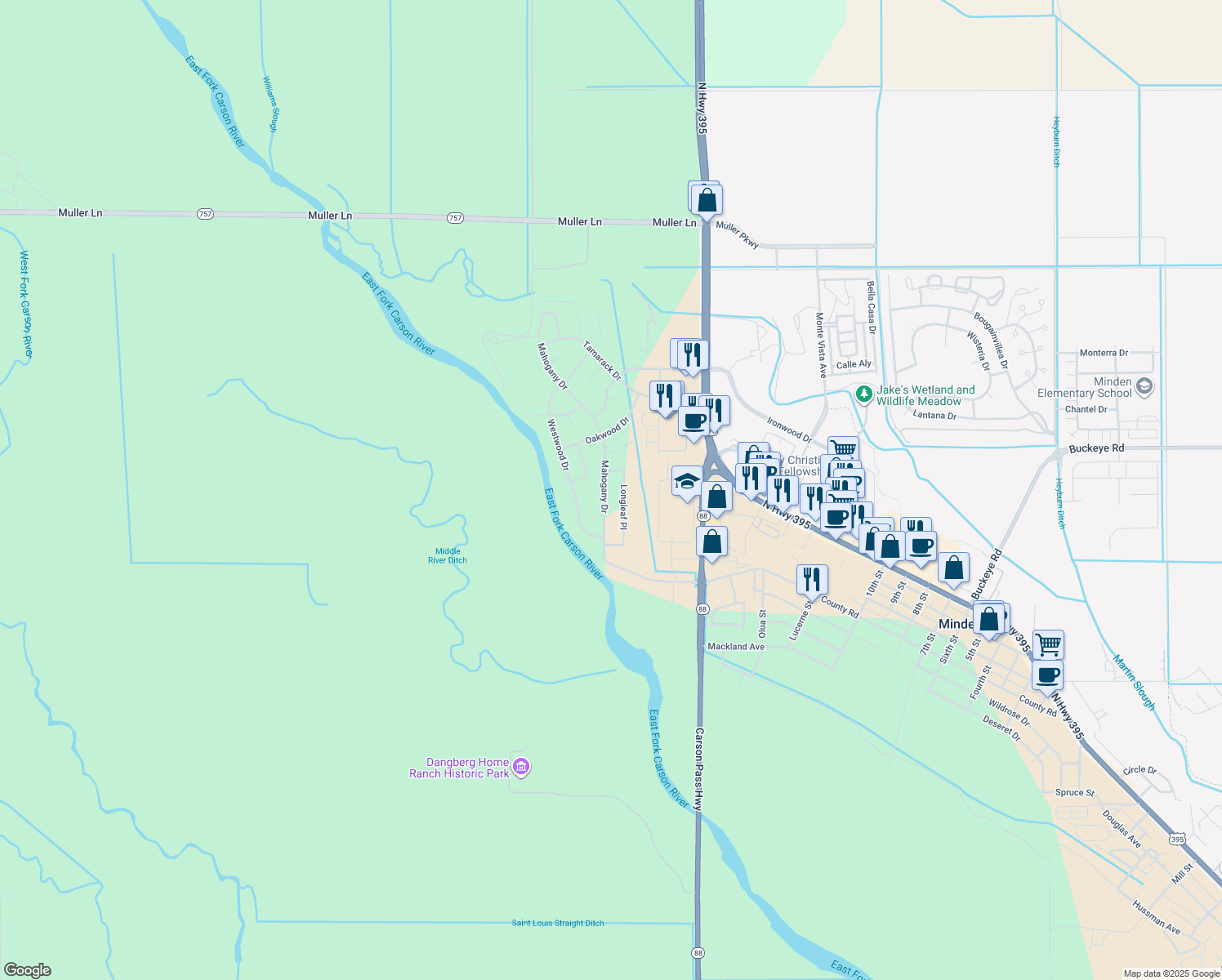map of restaurants, bars, coffee shops, grocery stores, and more near 862 Mahogany Dr in Minden