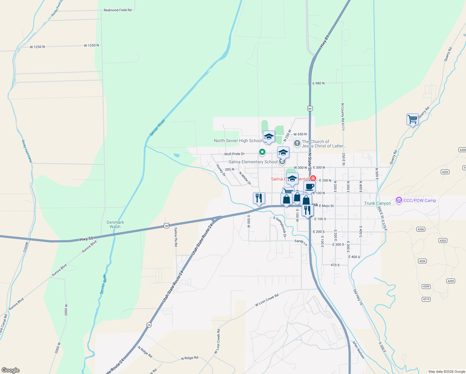 map of restaurants, bars, coffee shops, grocery stores, and more near 583 West 125 North in Salina