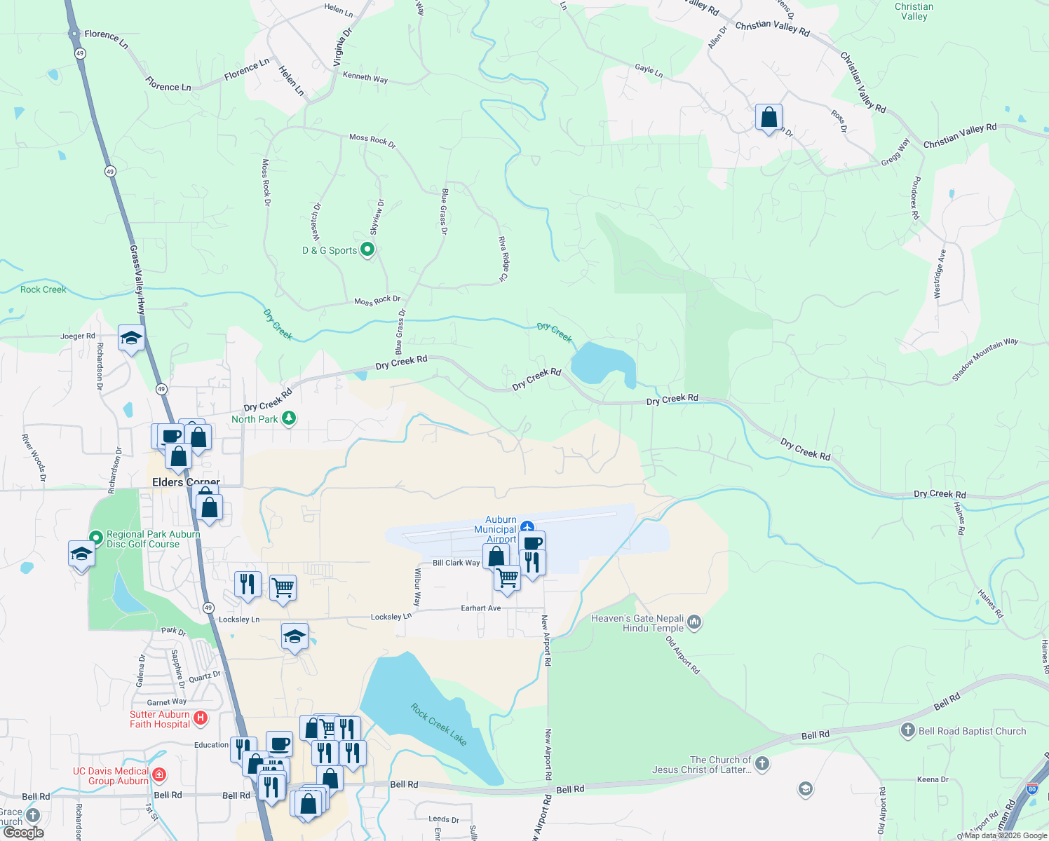 map of restaurants, bars, coffee shops, grocery stores, and more near 12989 Windsong Court in Auburn