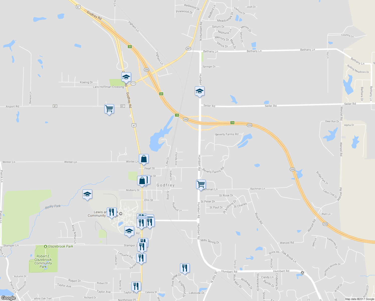 map of restaurants, bars, coffee shops, grocery stores, and more near 300 Orleans Street in Godfrey