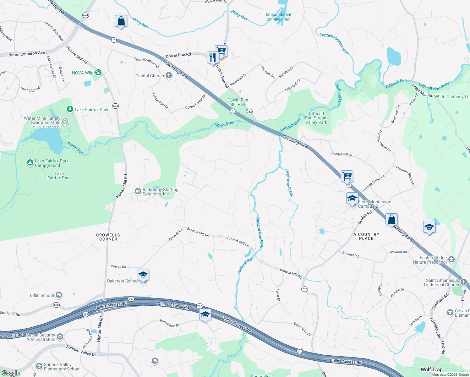map of restaurants, bars, coffee shops, grocery stores, and more near 1404 Wynhurst Lane in Vienna