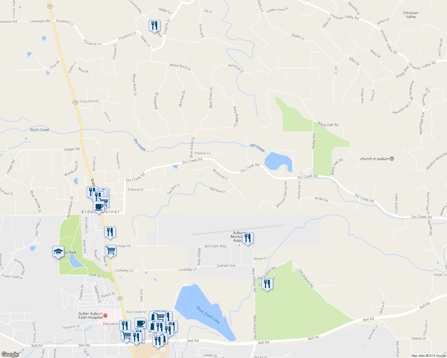 map of restaurants, bars, coffee shops, grocery stores, and more near 12960 Windsong Court in Auburn