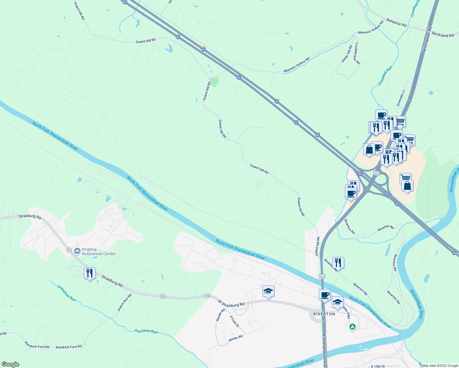 map of restaurants, bars, coffee shops, grocery stores, and more near 3164 Guard Hill Road in Front Royal