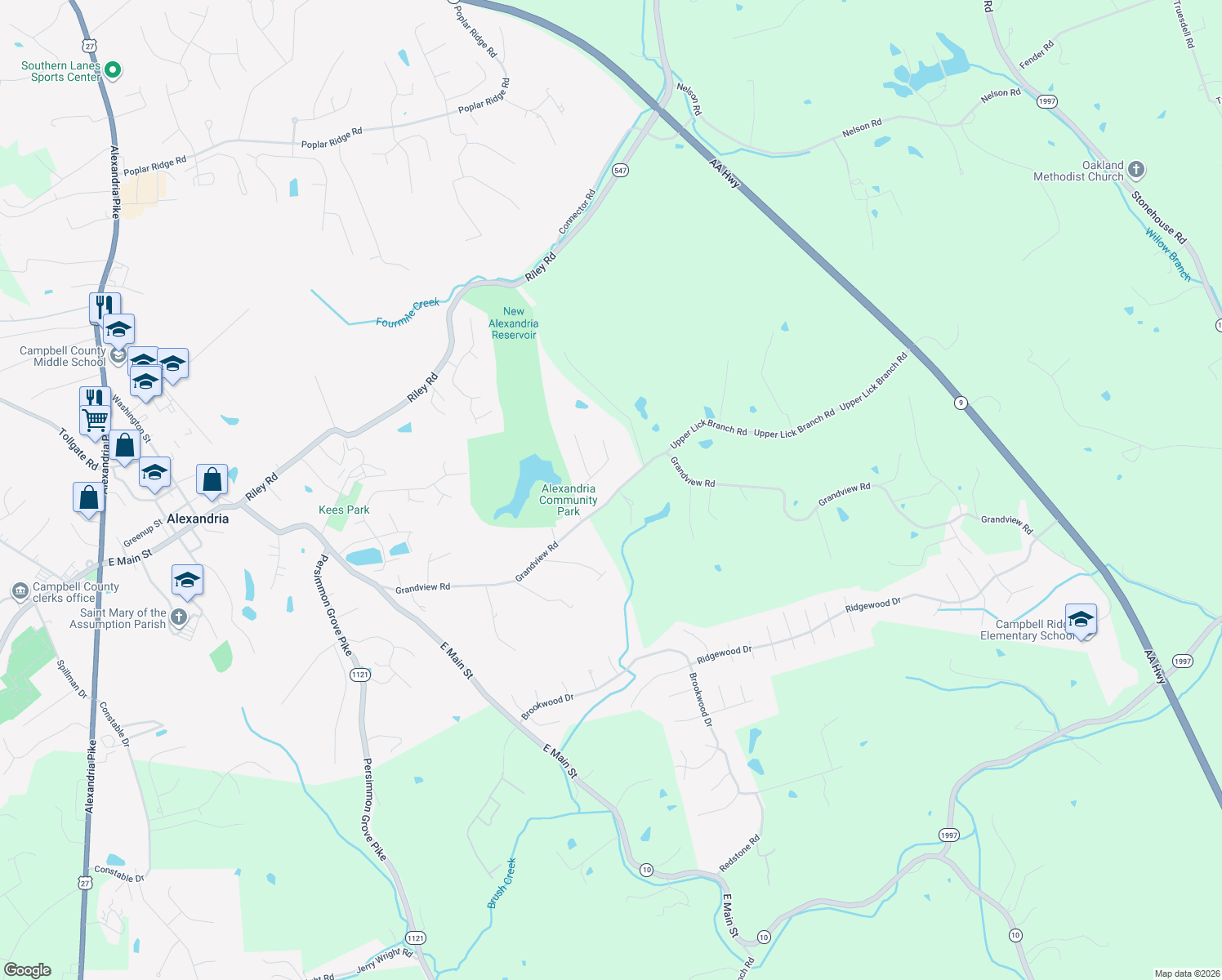 map of restaurants, bars, coffee shops, grocery stores, and more near 1850 Grandview Road in Alexandria