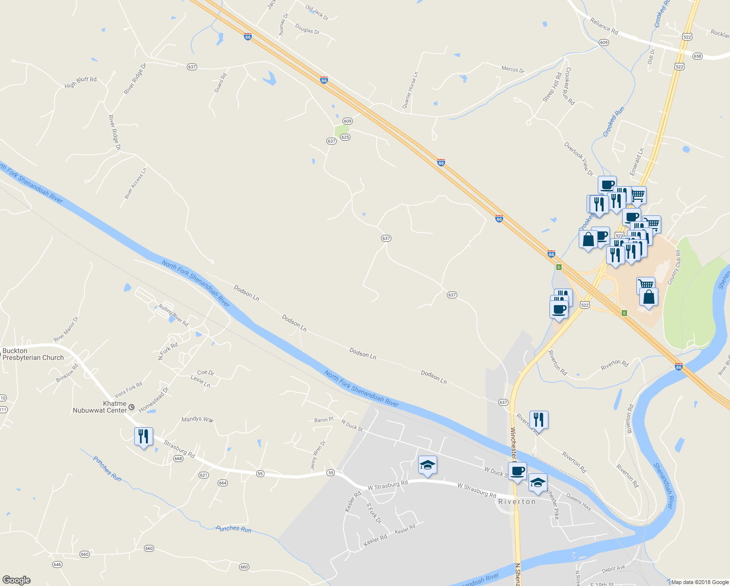 map of restaurants, bars, coffee shops, grocery stores, and more near 3164 Guard Hill Road in Front Royal