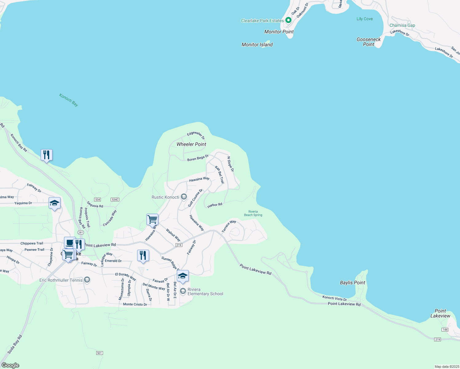 map of restaurants, bars, coffee shops, grocery stores, and more near 10796 Boren Bega Drive in Kelseyville