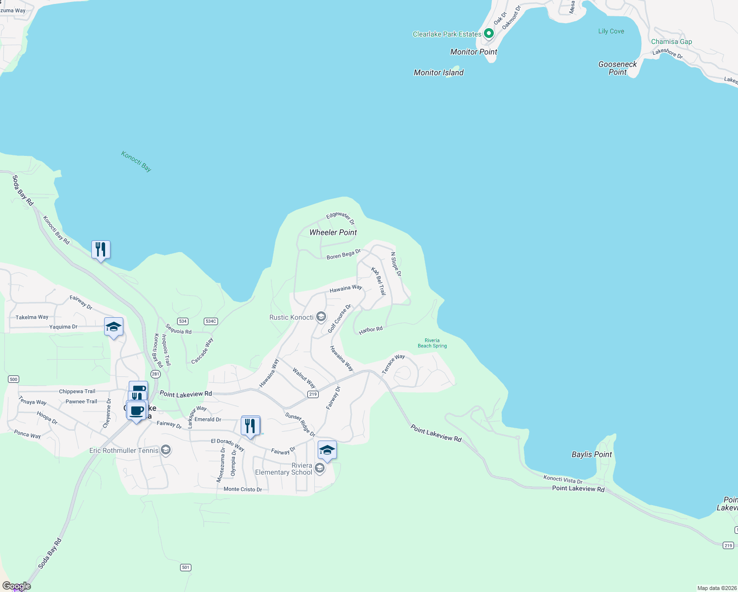 map of restaurants, bars, coffee shops, grocery stores, and more near 4657 Hawaina Way in Kelseyville