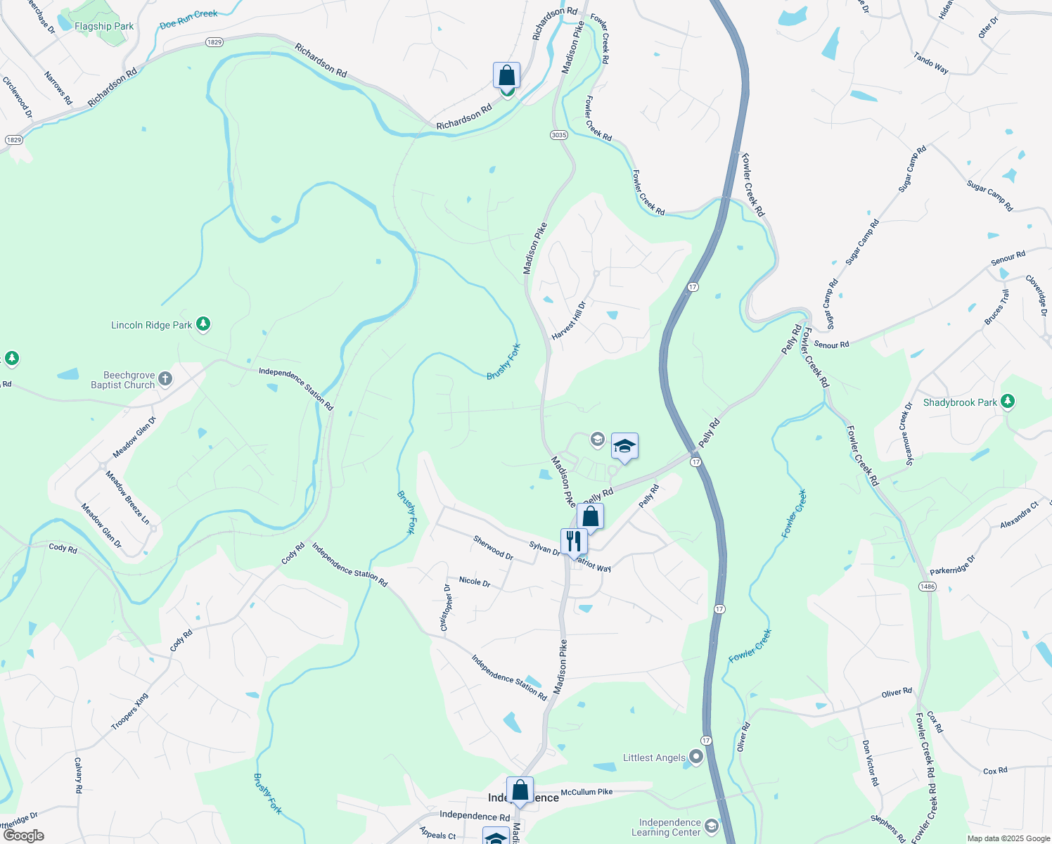 map of restaurants, bars, coffee shops, grocery stores, and more near 4965 Madison Pike in Independence