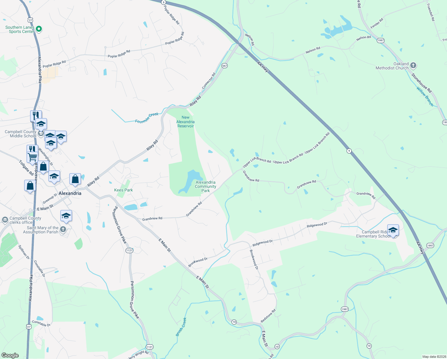 map of restaurants, bars, coffee shops, grocery stores, and more near 1850 Grandview Road in Alexandria
