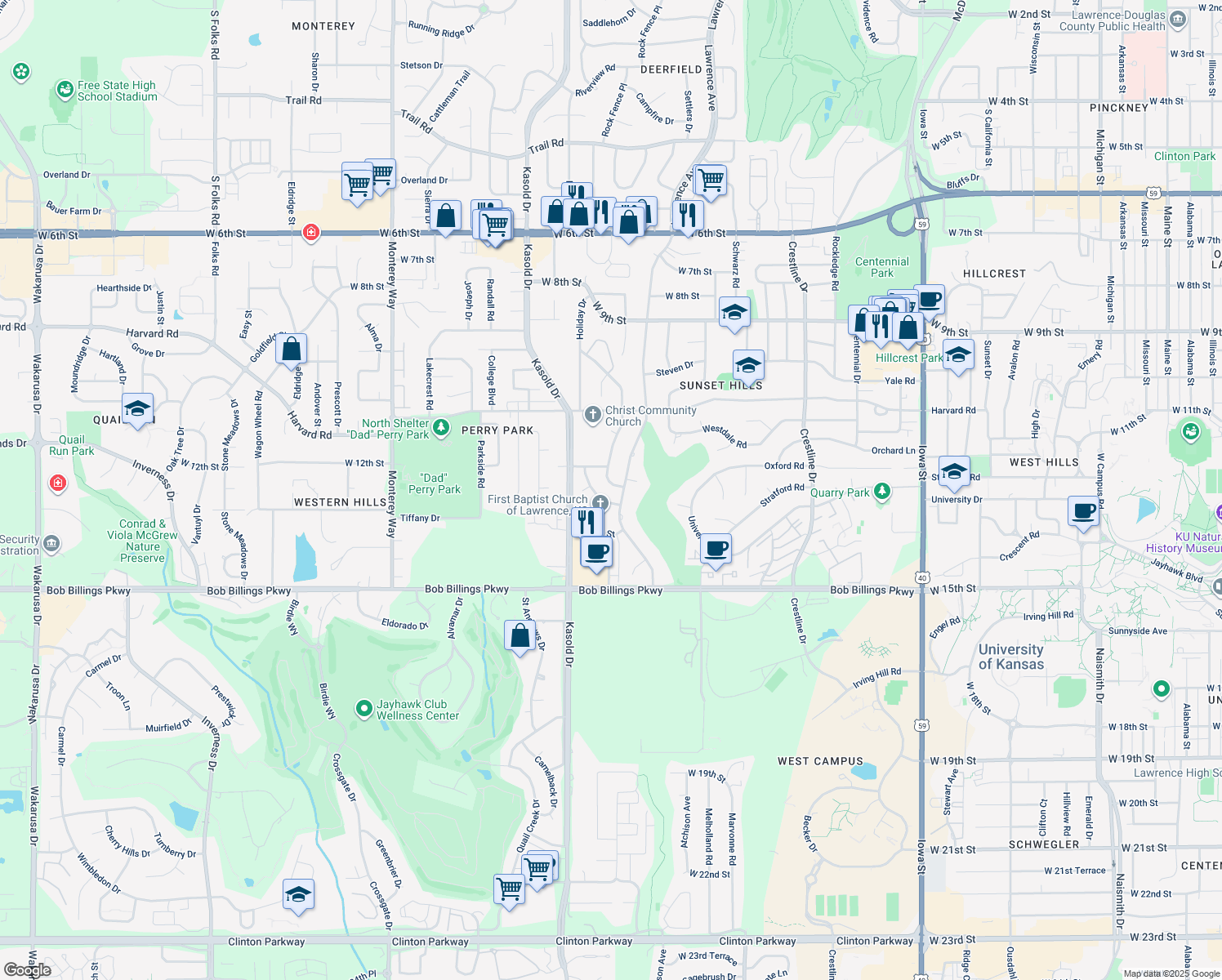 map of restaurants, bars, coffee shops, grocery stores, and more near 1317 Jana Dr in Lawrence