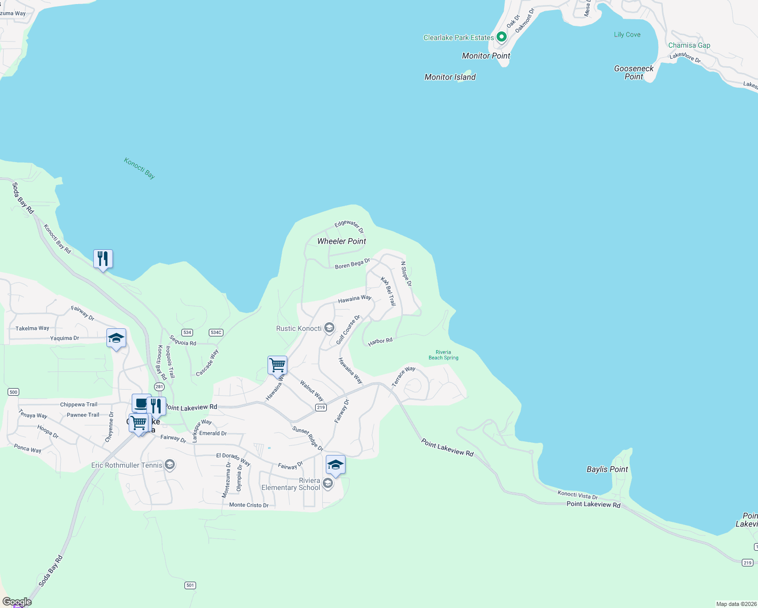 map of restaurants, bars, coffee shops, grocery stores, and more near 4657 Hawaina Way in Kelseyville