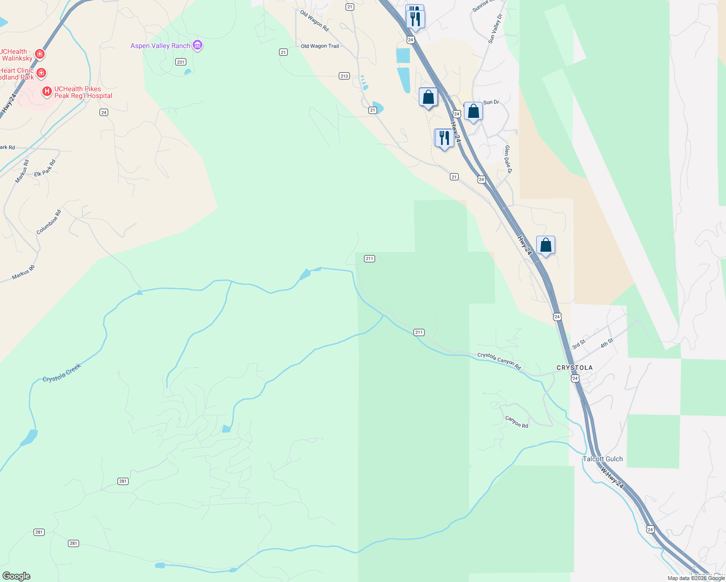 map of restaurants, bars, coffee shops, grocery stores, and more near Crystola Canyon Road in Woodland Park
