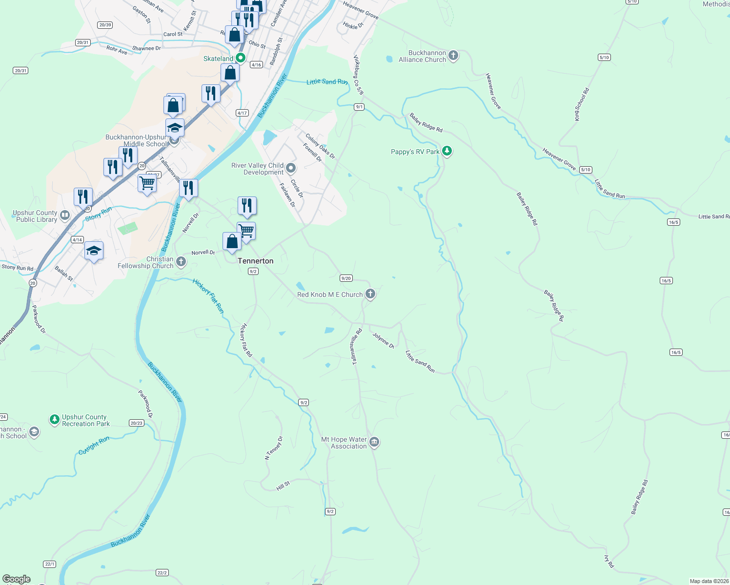 map of restaurants, bars, coffee shops, grocery stores, and more near 484 Mt Hope in Buckhannon