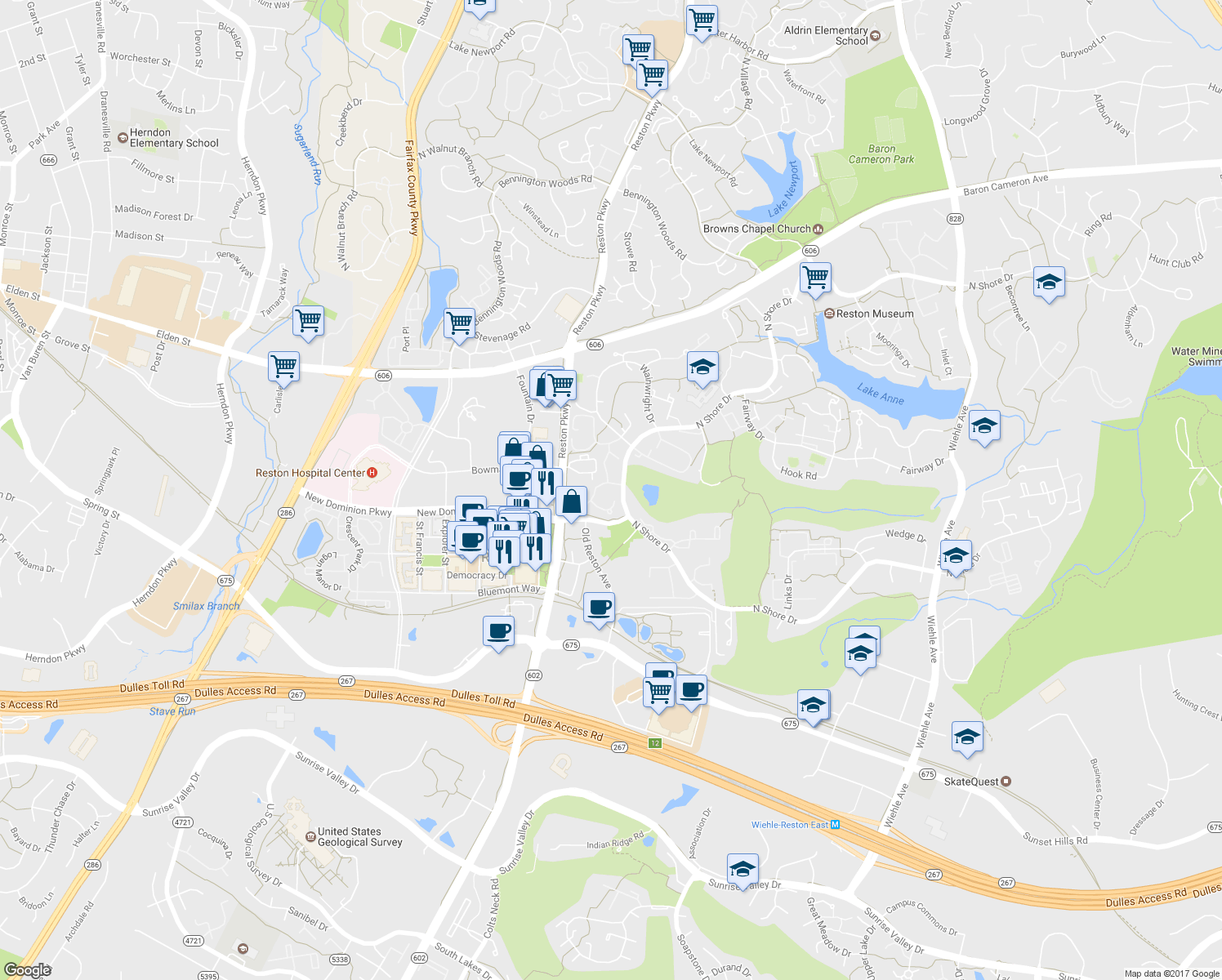 map of restaurants, bars, coffee shops, grocery stores, and more near 1786-1788 Jonathan Way in Reston