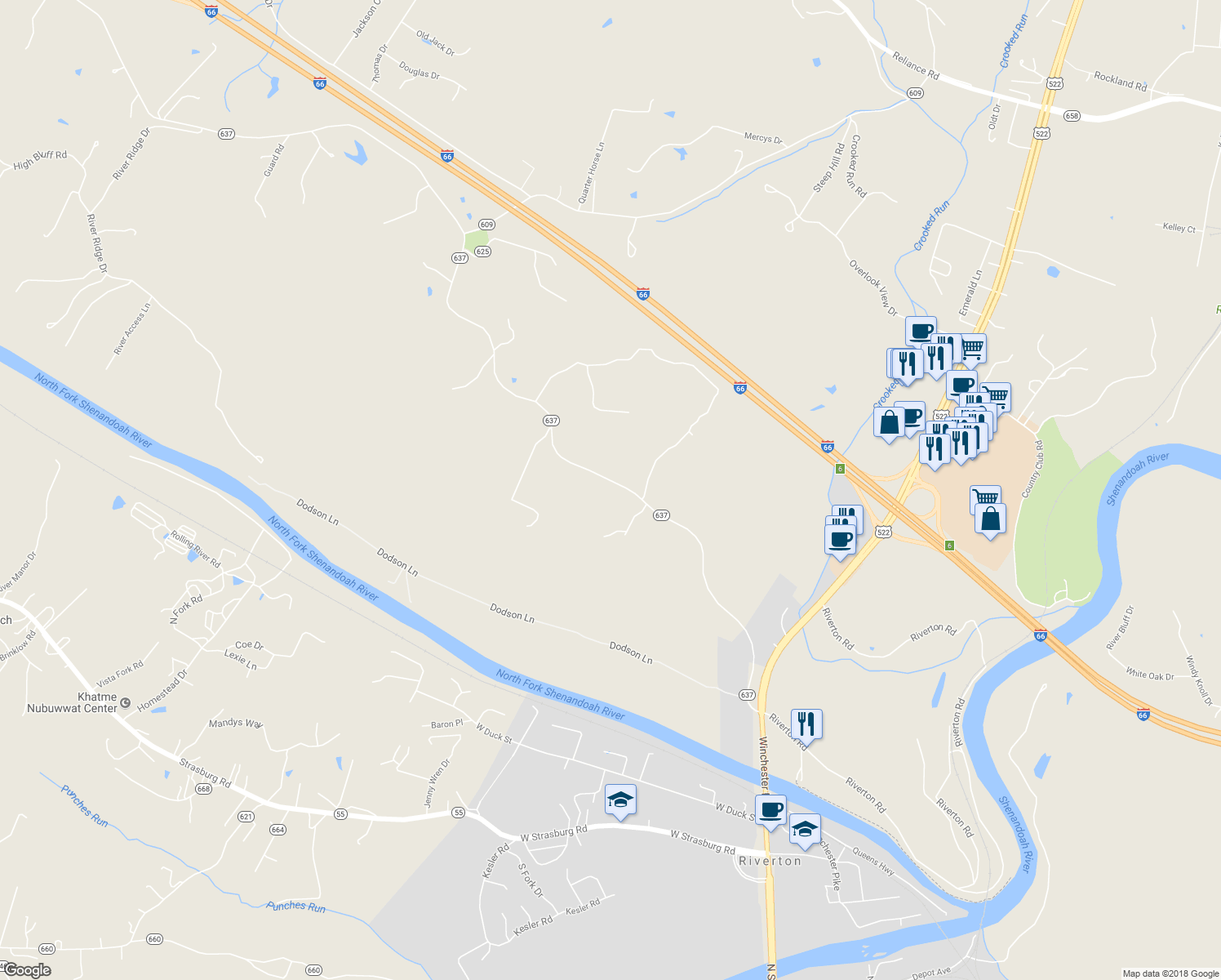 map of restaurants, bars, coffee shops, grocery stores, and more near 3414 Guard Hill Road in Front Royal