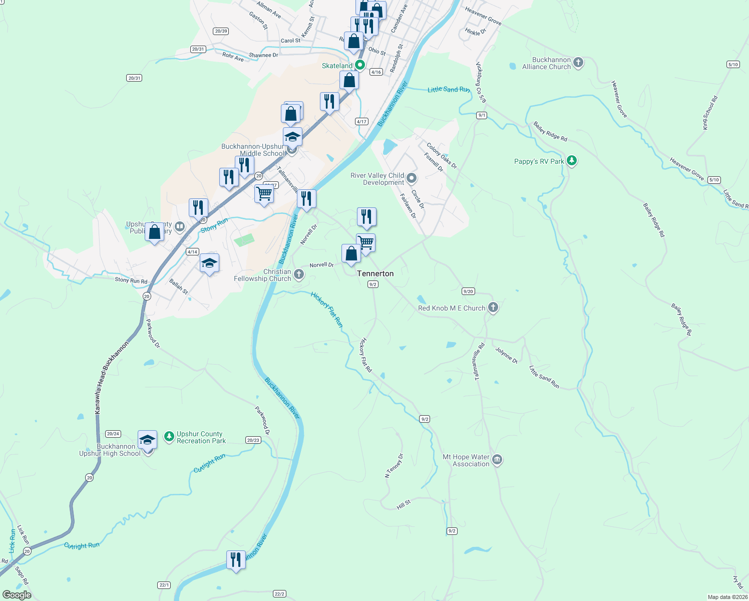 map of restaurants, bars, coffee shops, grocery stores, and more near 17 Hickory Flat Rd in Buckhannon