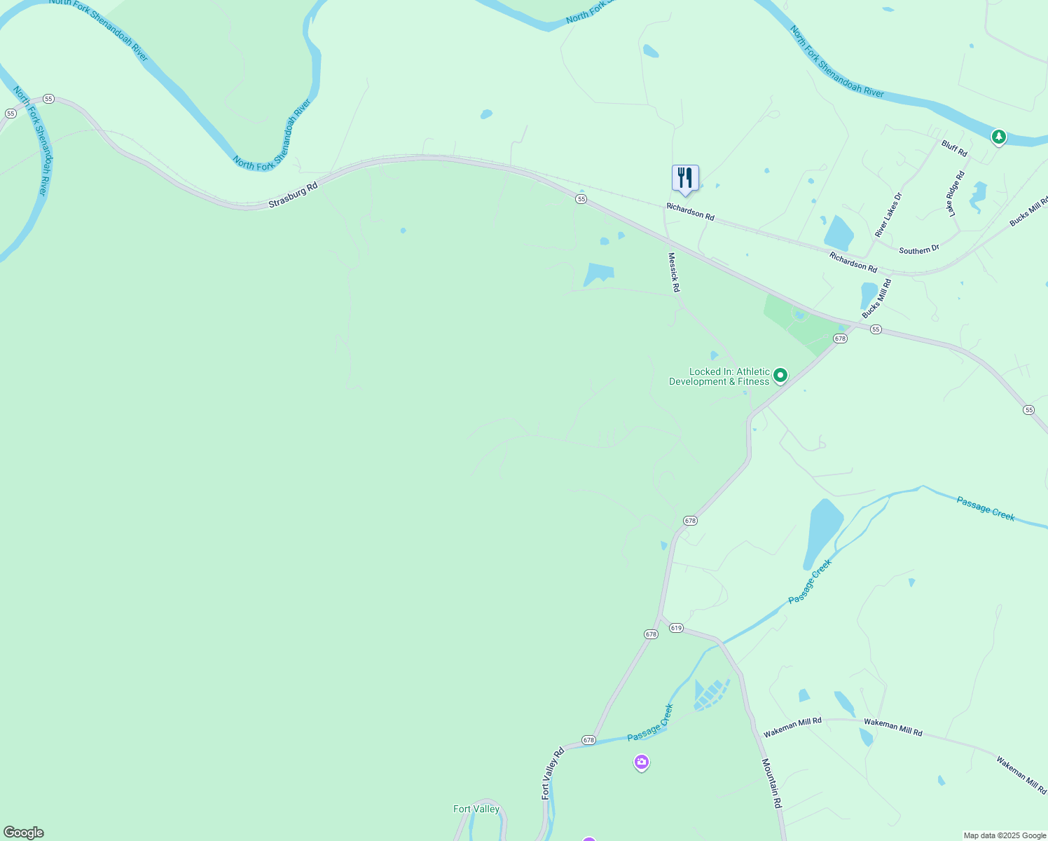 map of restaurants, bars, coffee shops, grocery stores, and more near 44 Deer Place Court in Strasburg