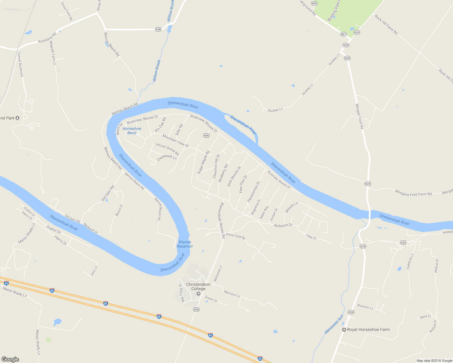 map of restaurants, bars, coffee shops, grocery stores, and more near 141 Pine Shores Drive in Front Royal