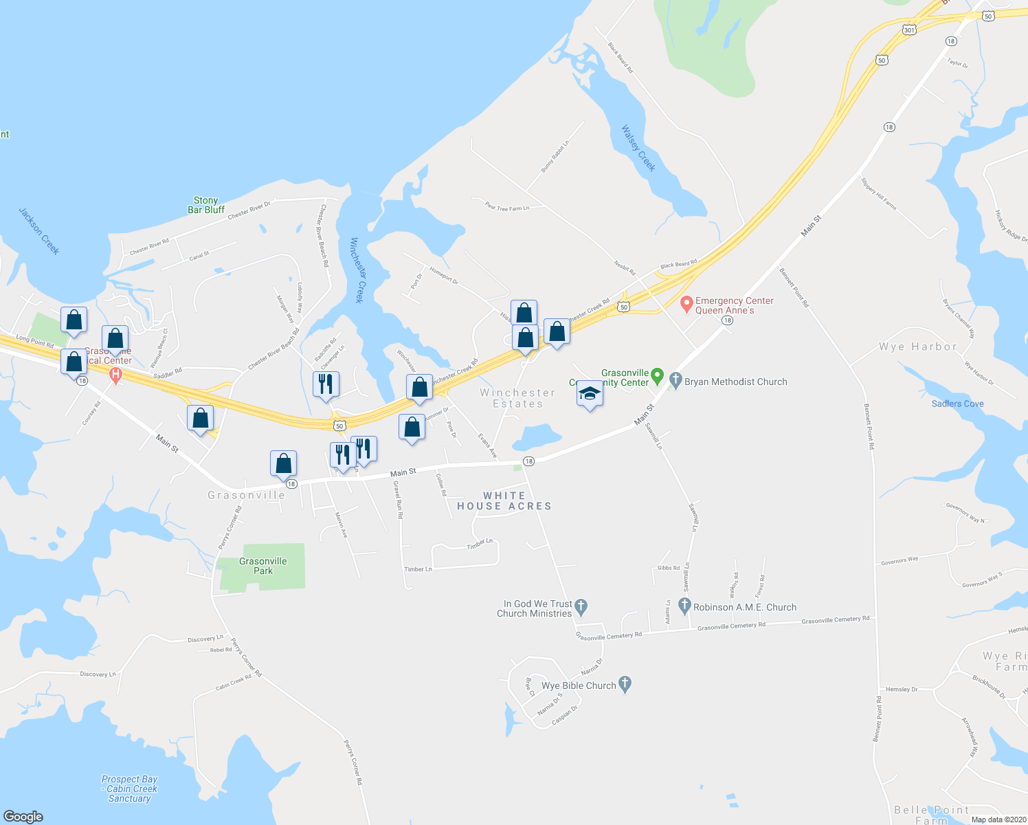 map of restaurants, bars, coffee shops, grocery stores, and more near 106 Fox Run in Grasonville