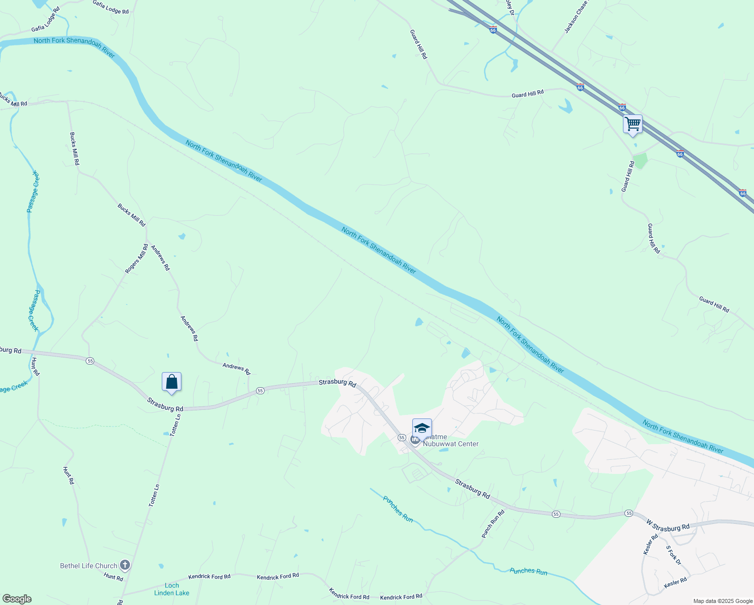 map of restaurants, bars, coffee shops, grocery stores, and more near 460 River Manor Drive in Front Royal