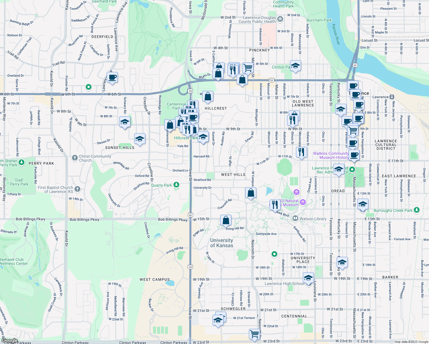 map of restaurants, bars, coffee shops, grocery stores, and more near 1748 Oxford Rd in Lawrence