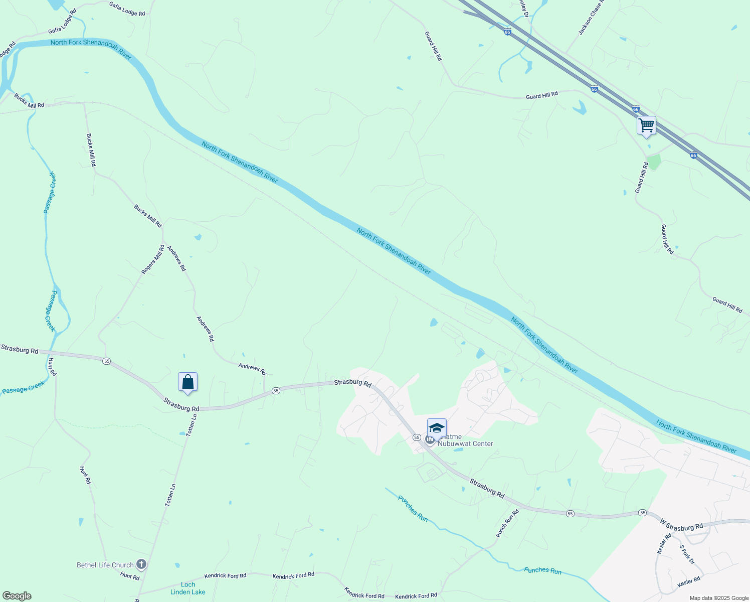 map of restaurants, bars, coffee shops, grocery stores, and more near 460 River Manor Drive in Front Royal