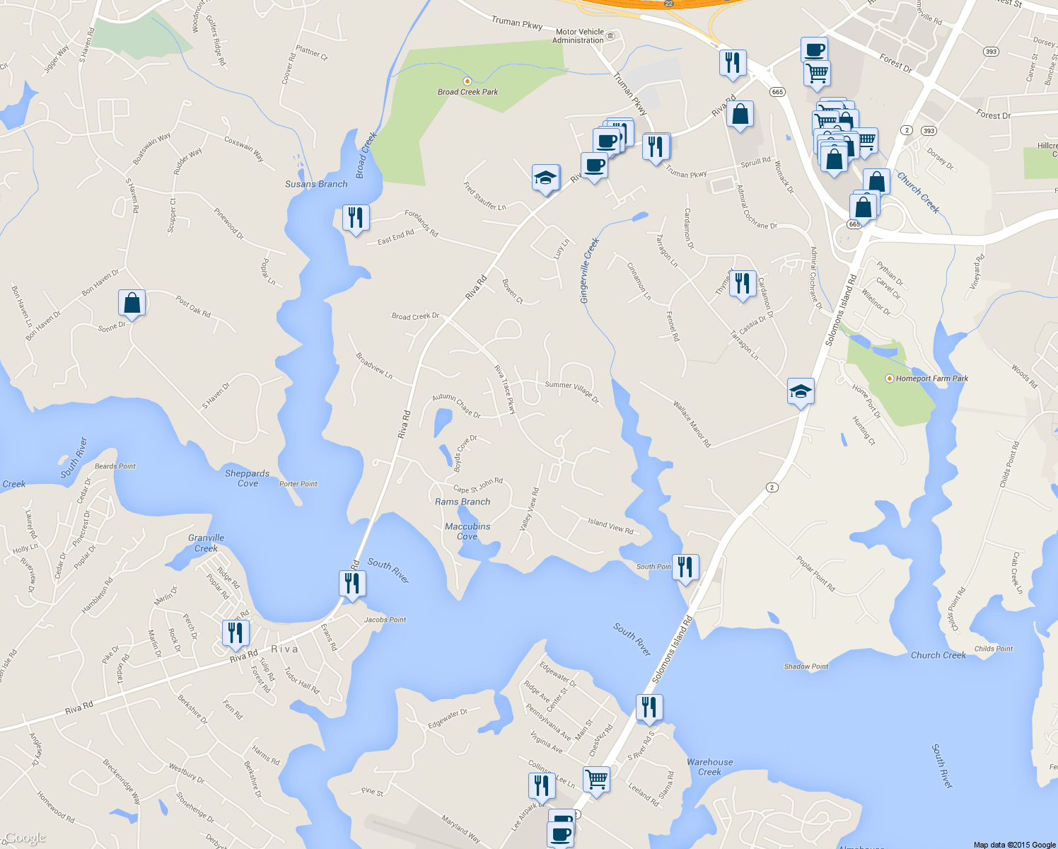 map of restaurants, bars, coffee shops, grocery stores, and more near 2901 Riva Trace Parkway in Annapolis