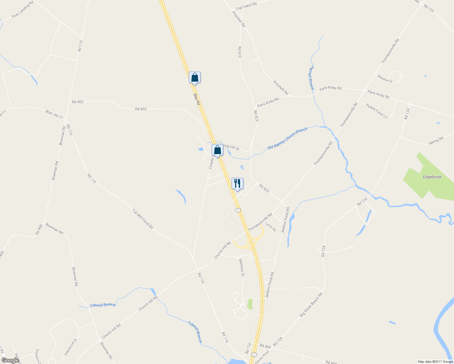 map of restaurants, bars, coffee shops, grocery stores, and more near 1677 Bay Road in Milford