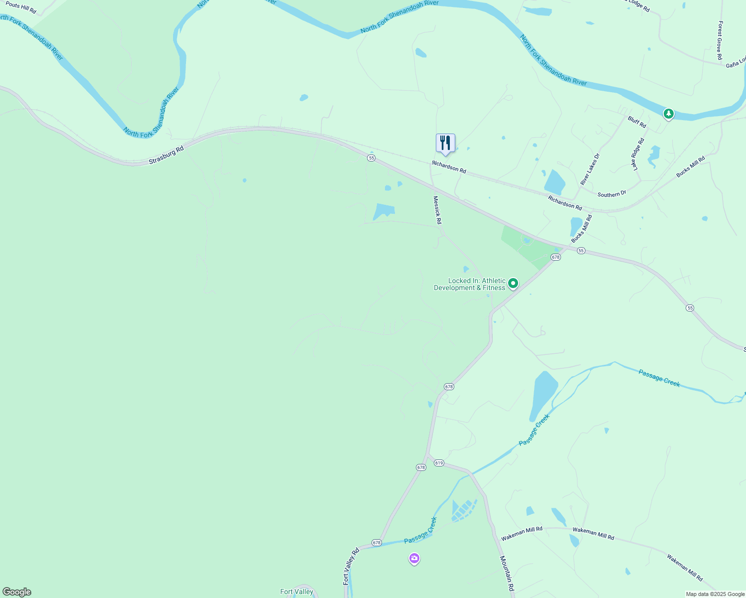map of restaurants, bars, coffee shops, grocery stores, and more near 155 Lower View Road in Strasburg