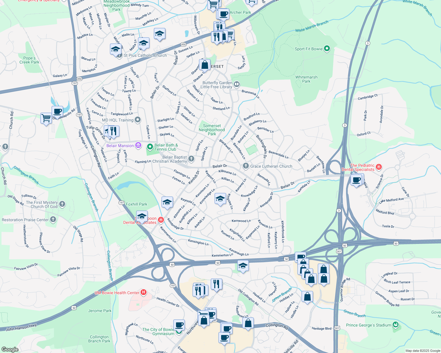 map of restaurants, bars, coffee shops, grocery stores, and more near 12506 Killian Lane in Bowie