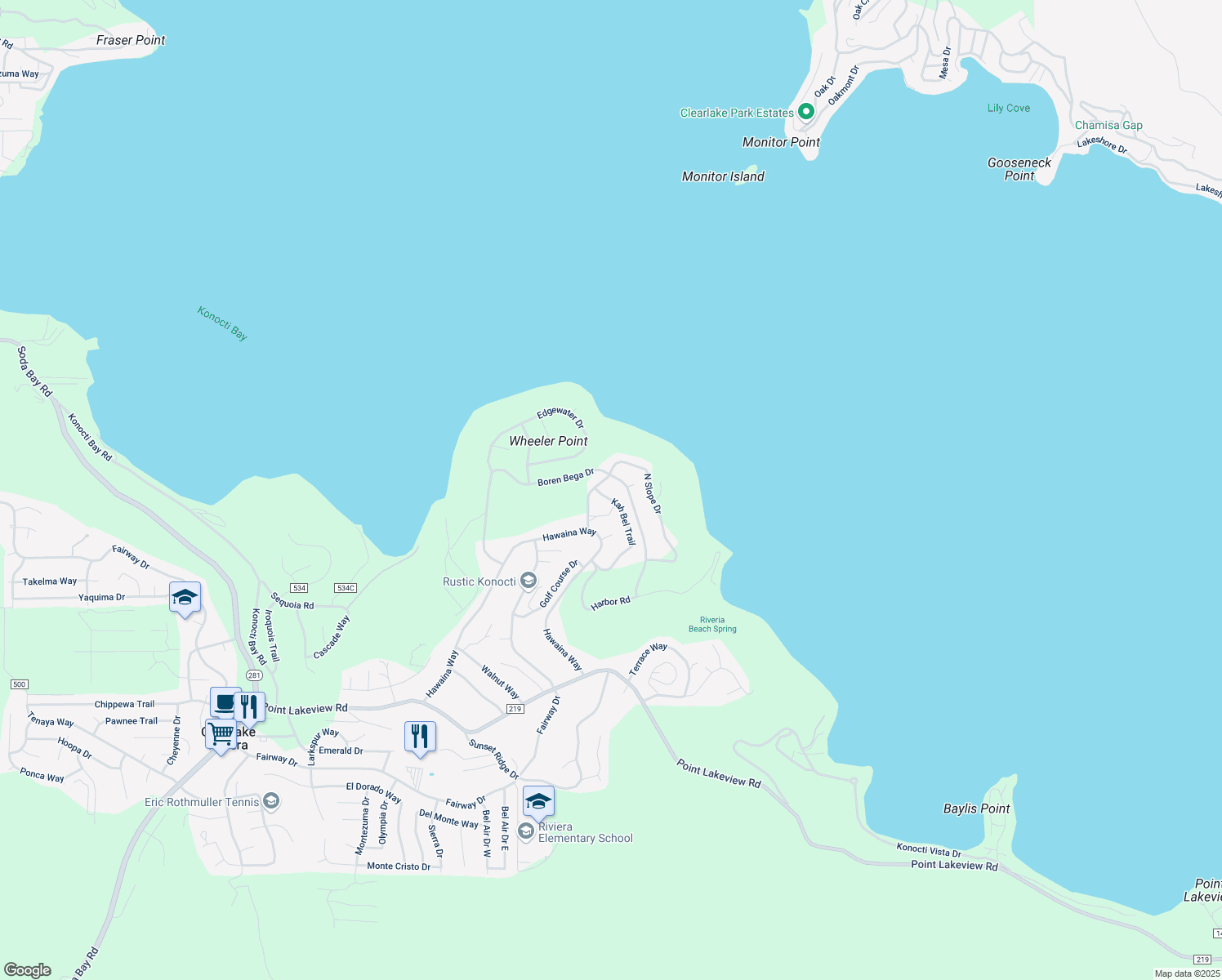 map of restaurants, bars, coffee shops, grocery stores, and more near 4650 Kah Bel Trail in Kelseyville